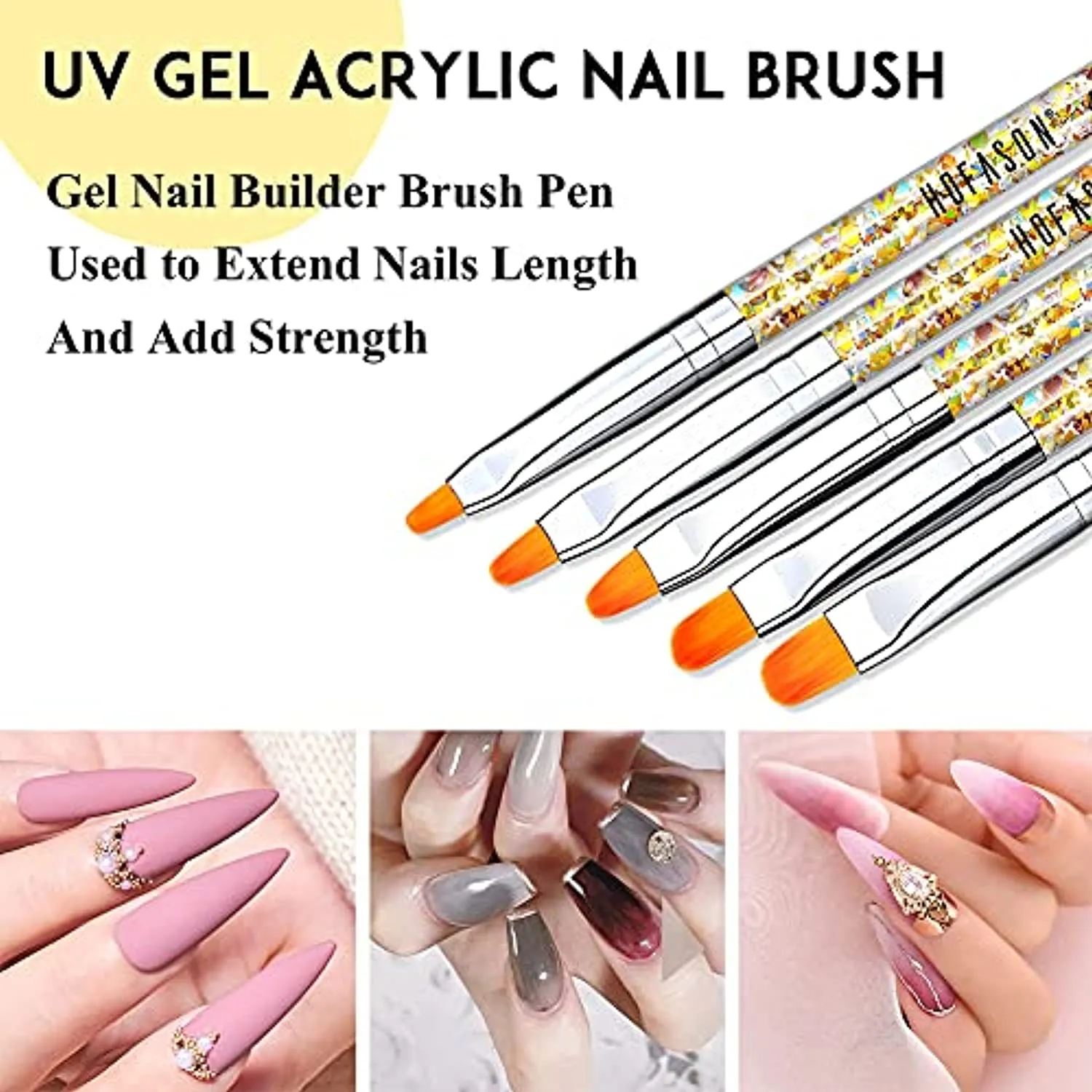 HOFASON Gel Nail Brush, 5Pcs Acrylic Nail Brush 100% Kolinsky Sable Nail Art Tips Builder Tools Poly Extension Gel Brushes Nail Painting Pen Professional Application with Liquid Glitter Handle