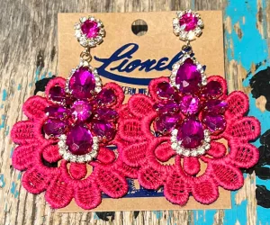 Hot Pink Lace & Crystal Earrings