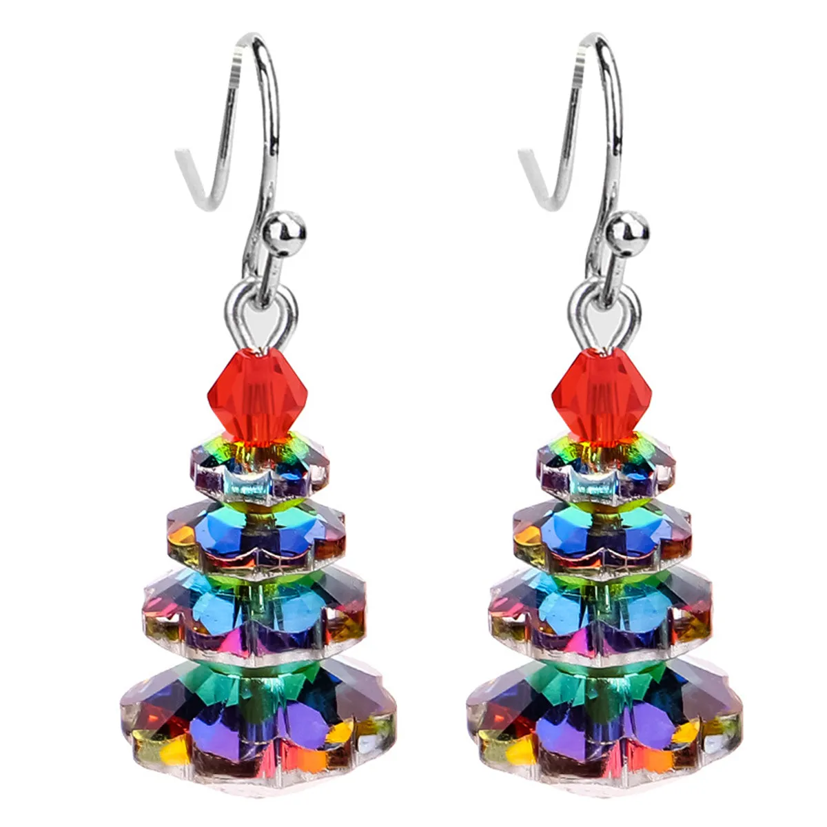 Iridescent Crystal & Red Stacked Festive Tree Drop Earrings