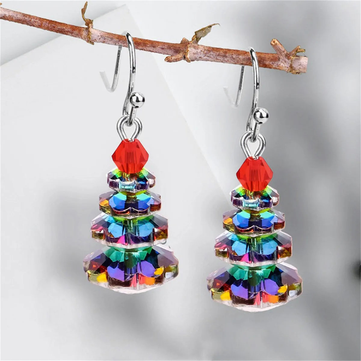 Iridescent Crystal & Red Stacked Festive Tree Drop Earrings