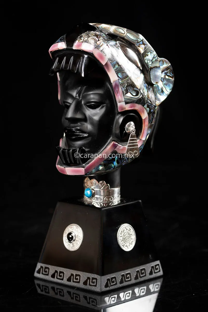 Jaguar Knight Aztec Warrior Obsidian, Silver & Nacre Sculpture