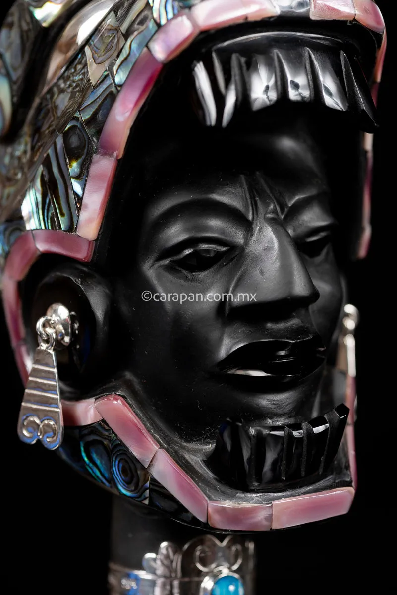 Jaguar Knight Aztec Warrior Obsidian, Silver & Nacre Sculpture