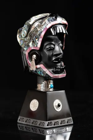 Jaguar Knight Aztec Warrior Obsidian, Silver & Nacre Sculpture