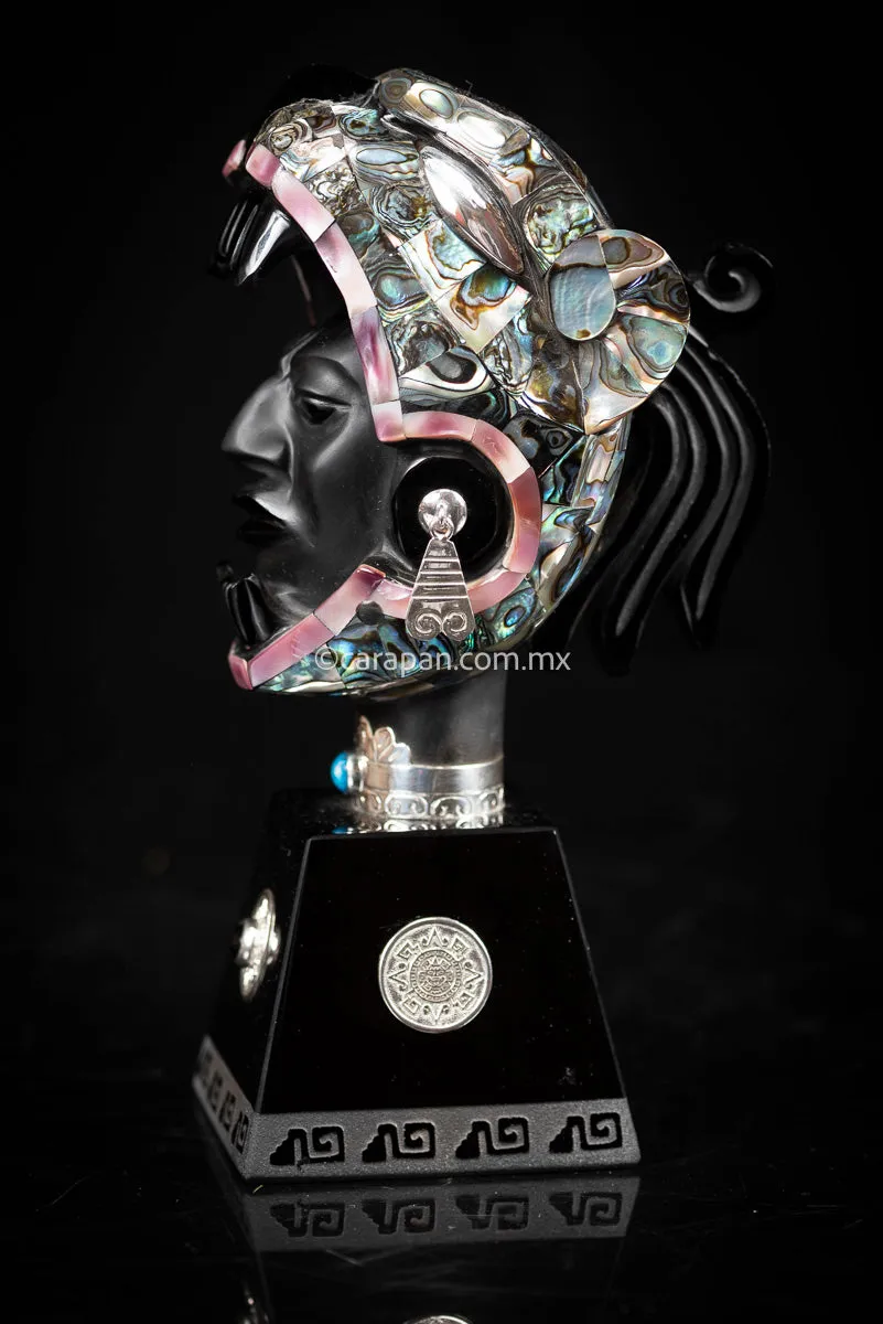 Jaguar Knight Aztec Warrior Obsidian, Silver & Nacre Sculpture
