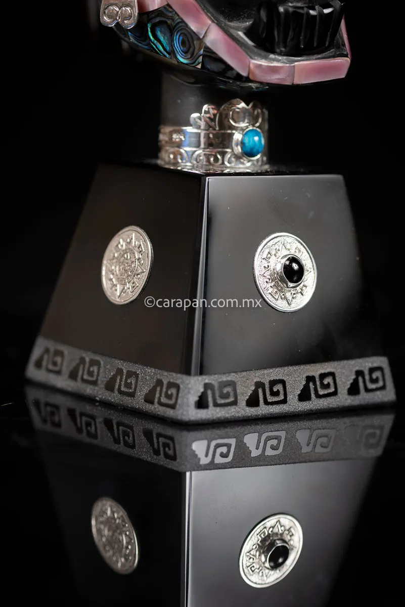 Jaguar Knight Aztec Warrior Obsidian, Silver & Nacre Sculpture