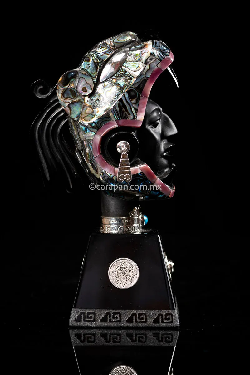 Jaguar Knight Aztec Warrior Obsidian, Silver & Nacre Sculpture