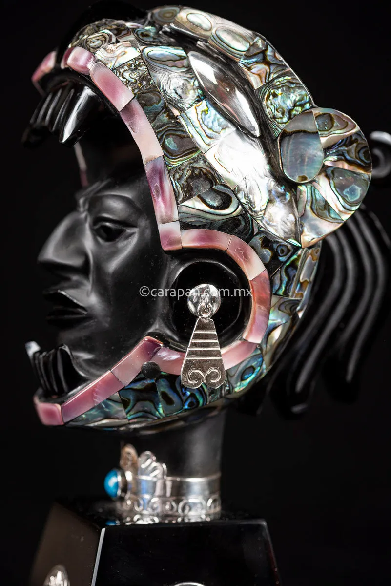 Jaguar Knight Aztec Warrior Obsidian, Silver & Nacre Sculpture