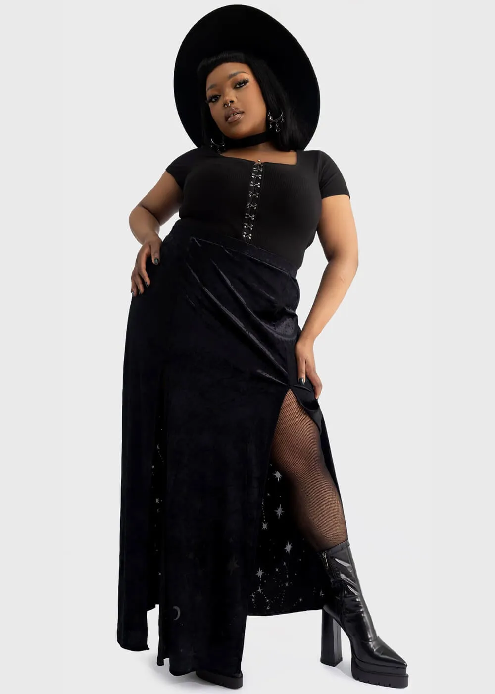 Killstar Coma Star Velvet Maxi Skirt Black