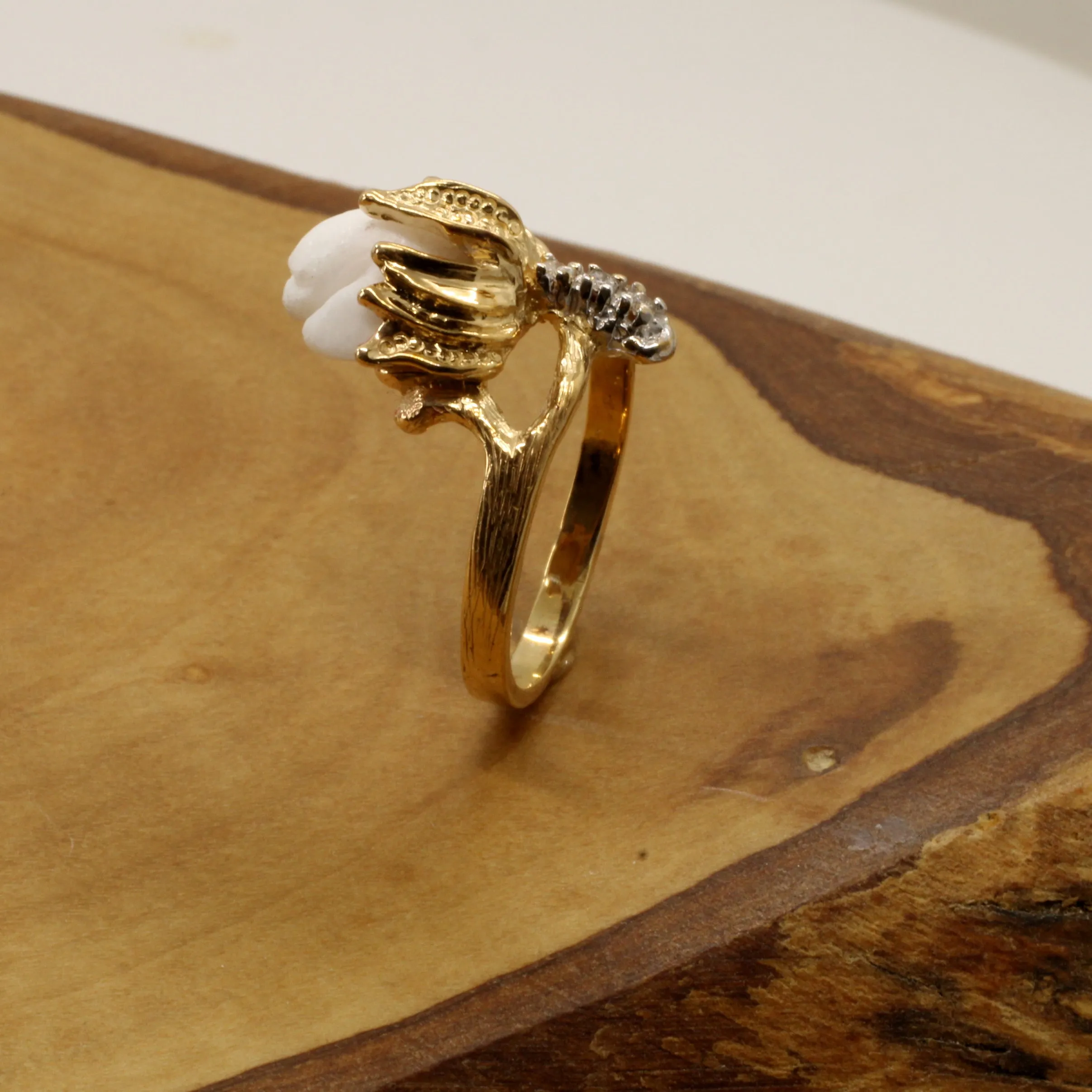 Ladies Cotton Boll Ring with Hand Carved white stone and diamonds