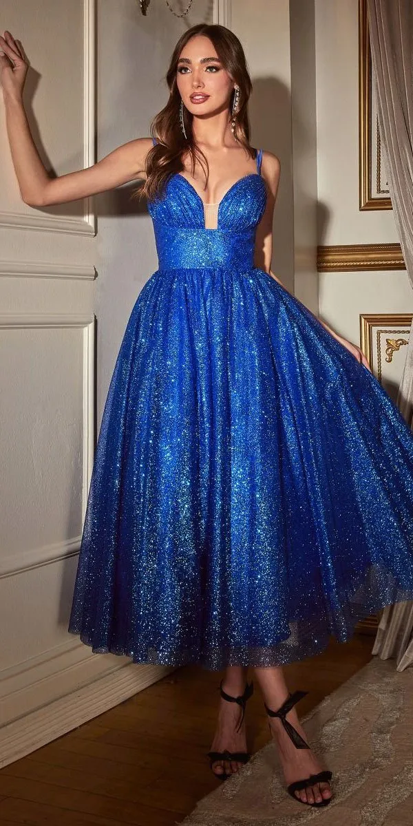Ladivine CD996T Glitter Flocked Tea Length Dress with Side Pockets