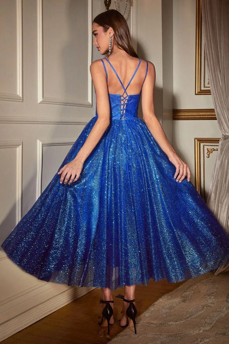 Ladivine CD996T Glitter Flocked Tea Length Dress with Side Pockets