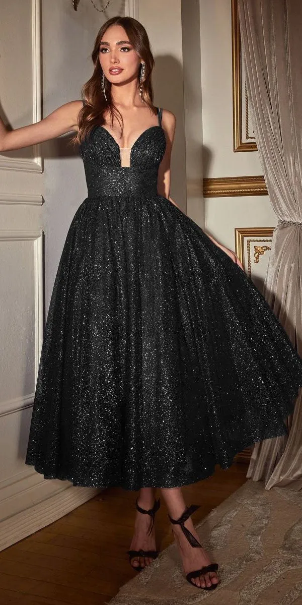 Ladivine CD996T Glitter Flocked Tea Length Dress with Side Pockets