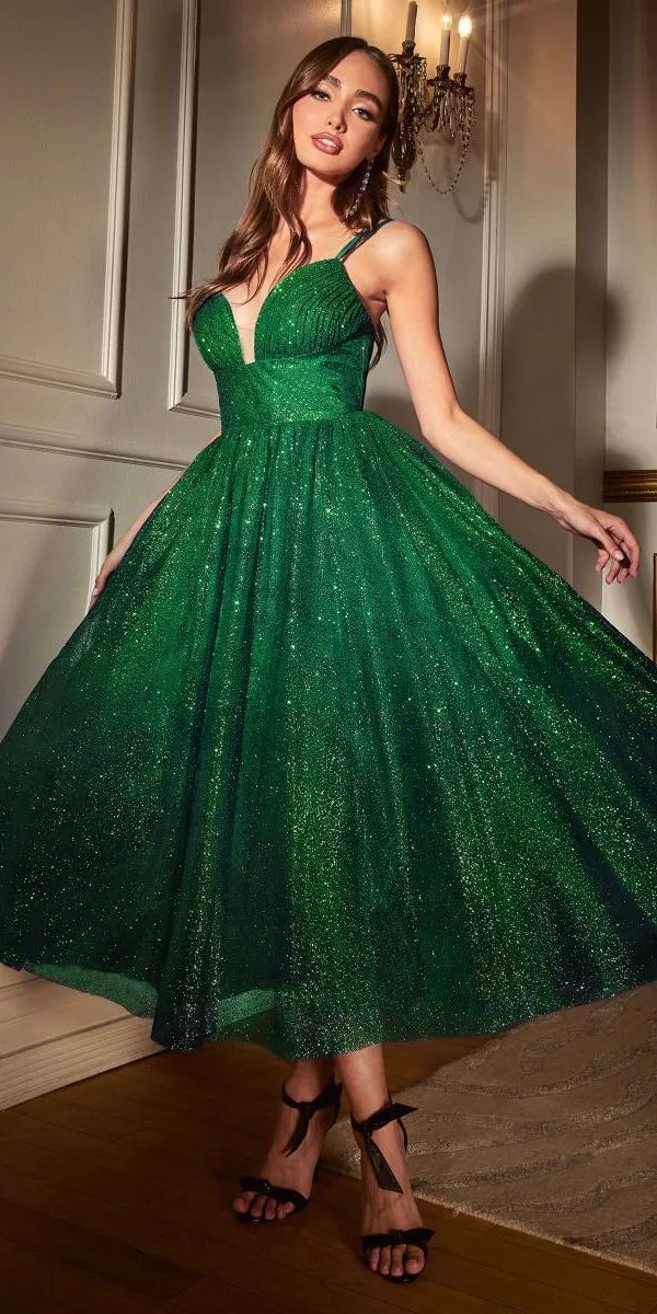 Ladivine CD996T Glitter Flocked Tea Length Dress with Side Pockets