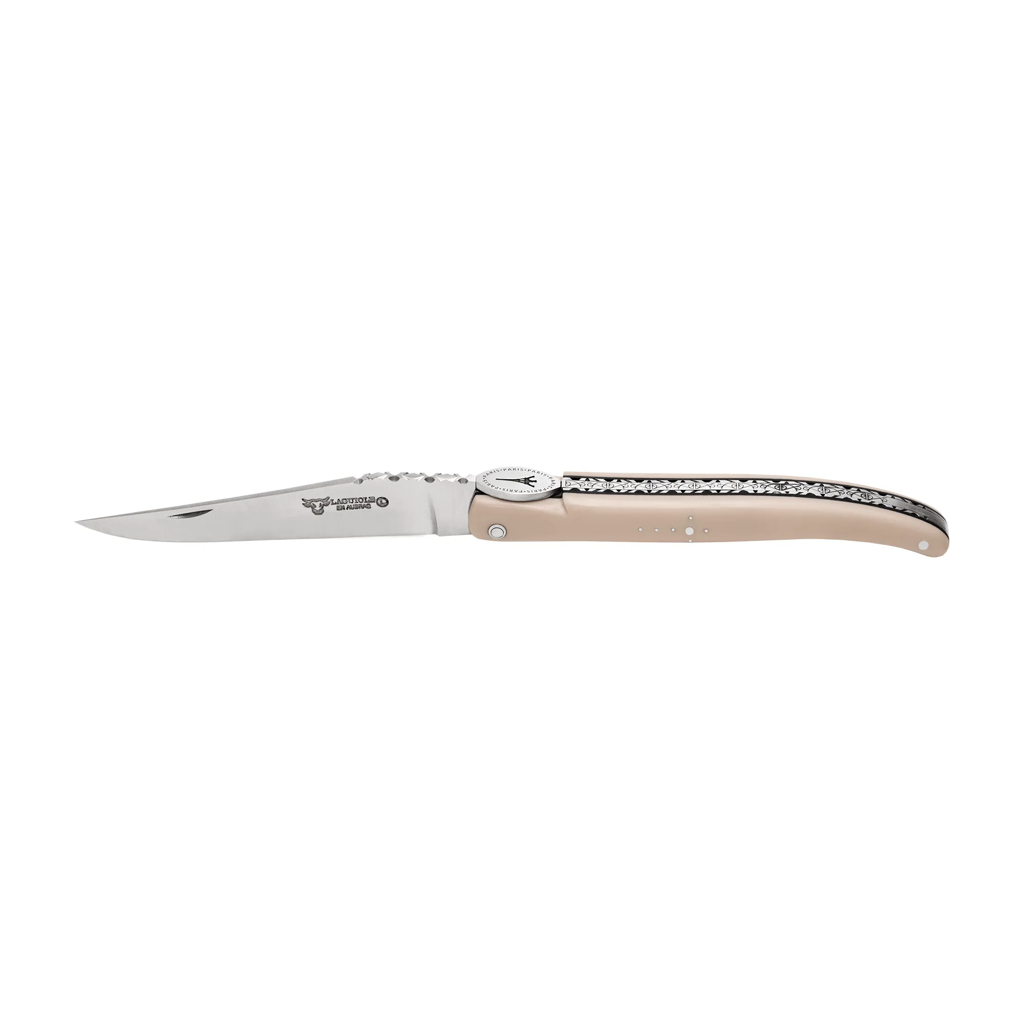 Laguiole en Aubrac Eiffel Tower Luxury Multipurpose Knife, 4.8-in (12cm), Elforyn Super Tusk Handle, Iron Lady Medallion, Stainless Steel Plates