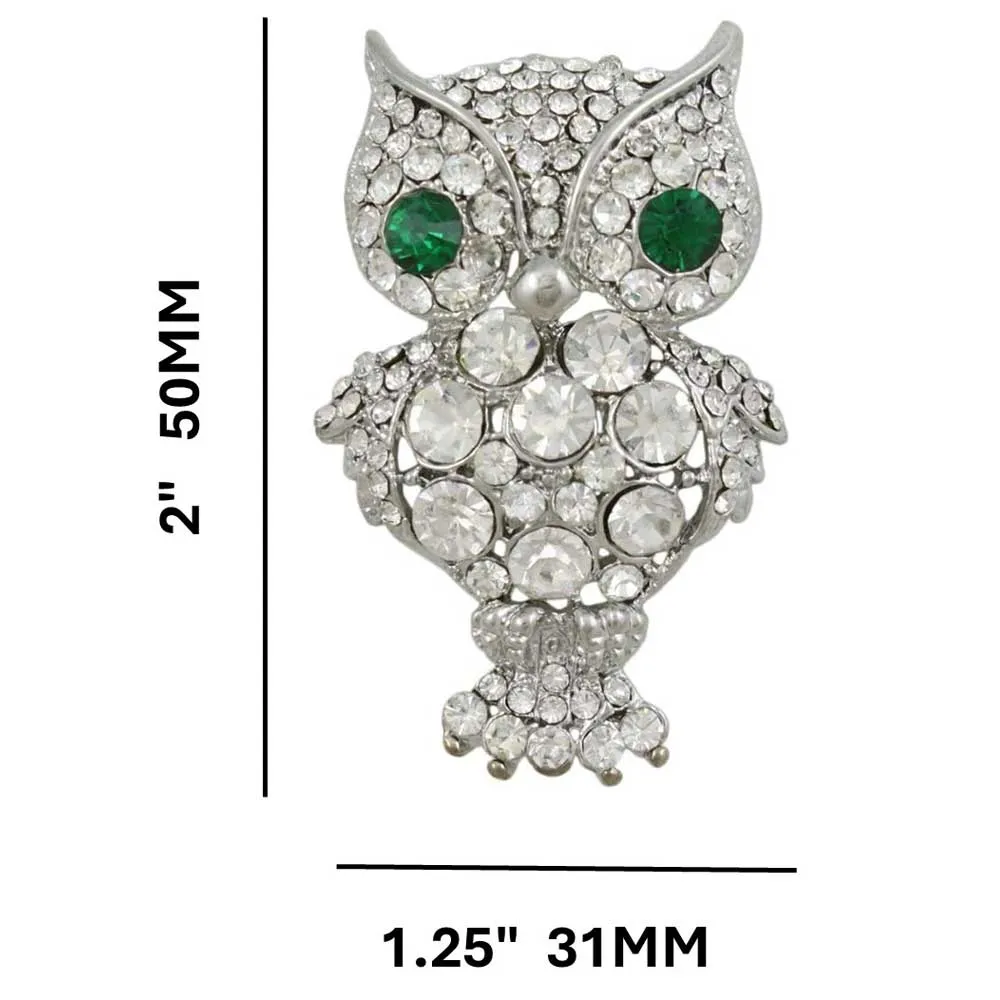 Large Crystal Owl Brooch Pin with Green Crystal Eyes - PRB116