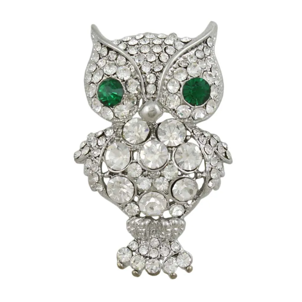 Large Crystal Owl Brooch Pin with Green Crystal Eyes - PRB116