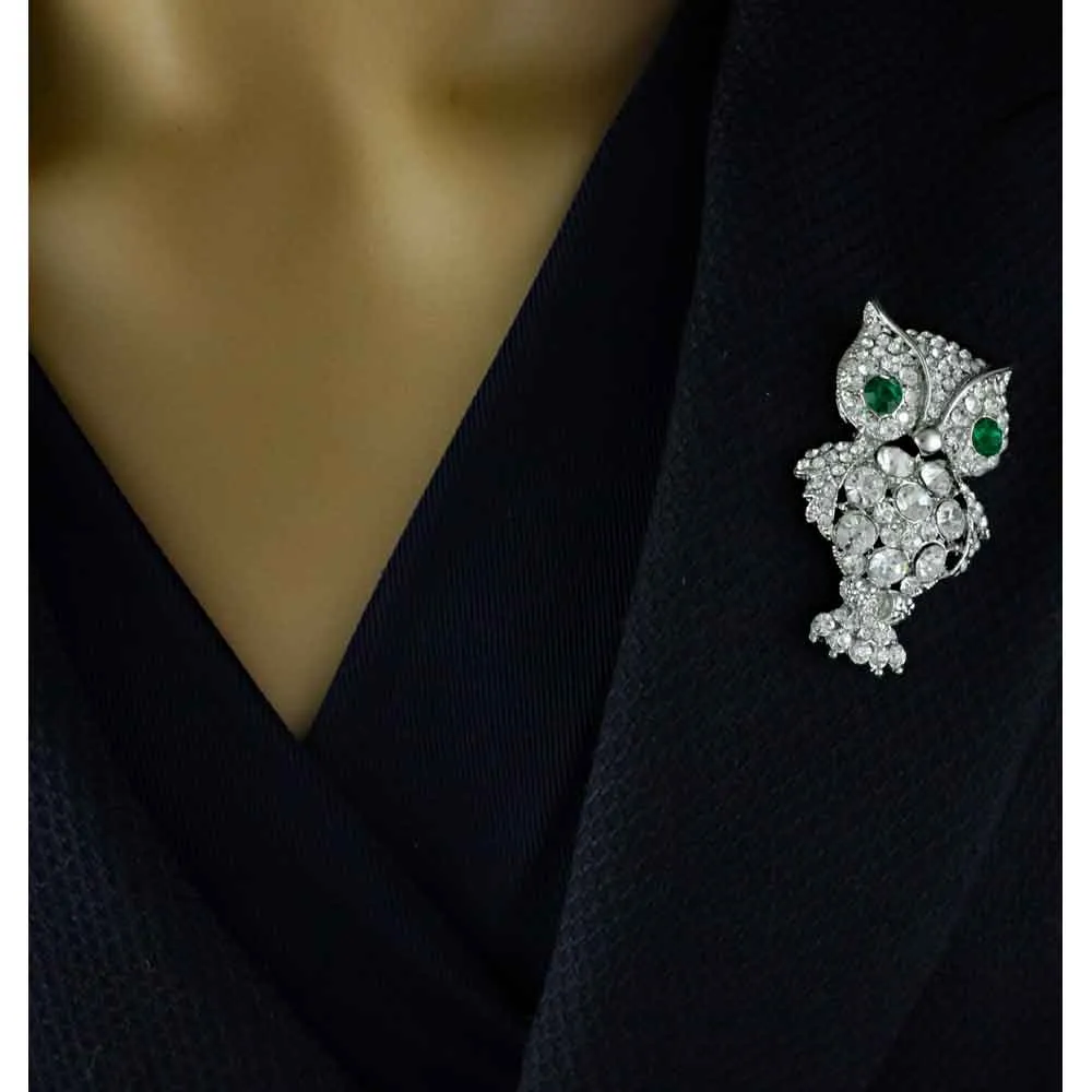 Large Crystal Owl Brooch Pin with Green Crystal Eyes - PRB116