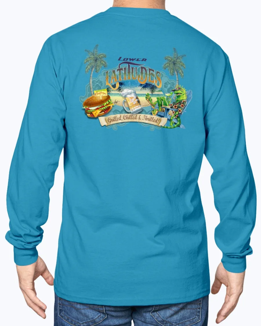 Long Sleeve Lower Latitudes Grill Chill Thrill Cheeseburger & Beer T-shirt