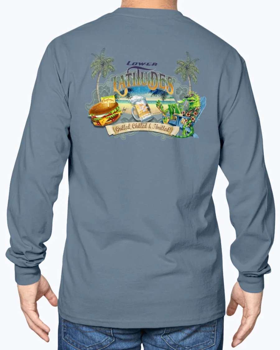 Long Sleeve Lower Latitudes Grill Chill Thrill Cheeseburger & Beer T-shirt