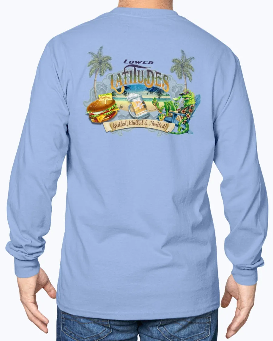 Long Sleeve Lower Latitudes Grill Chill Thrill Cheeseburger & Beer T-shirt