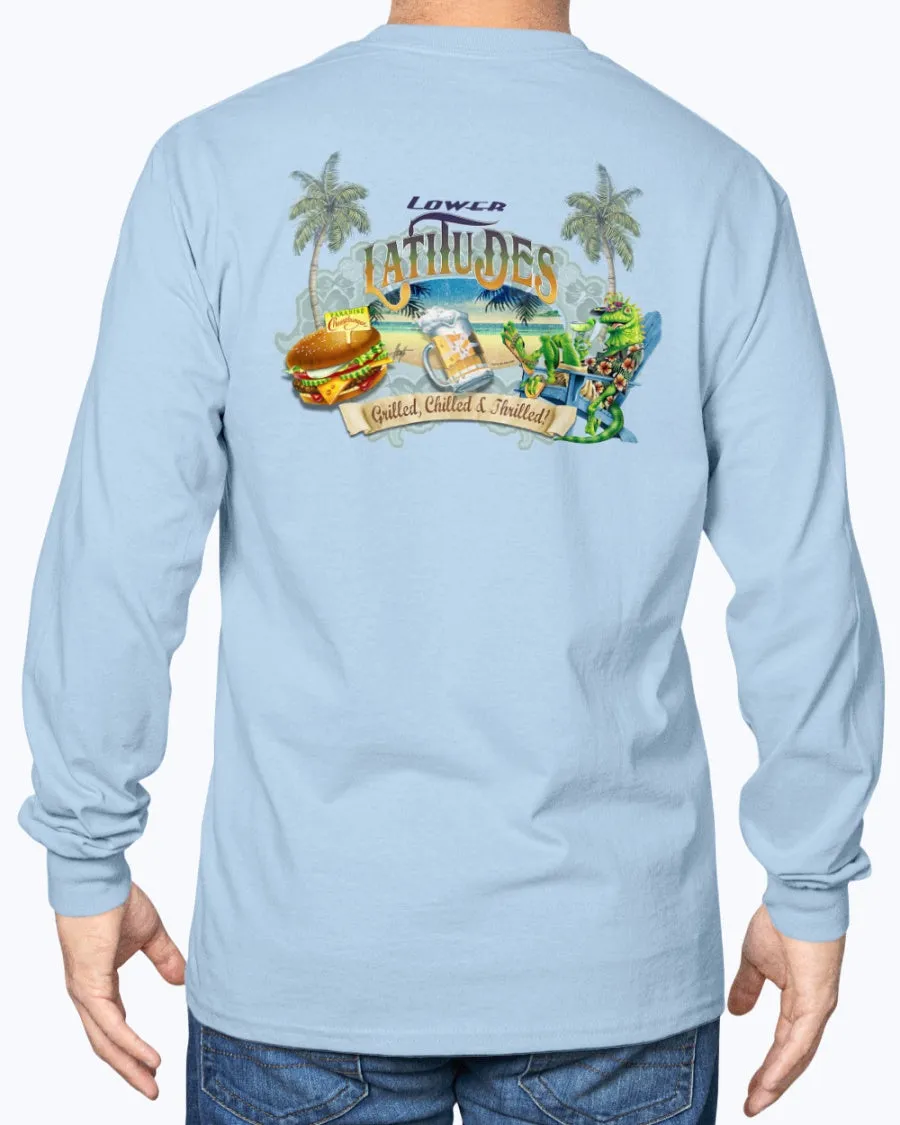 Long Sleeve Lower Latitudes Grill Chill Thrill Cheeseburger & Beer T-shirt