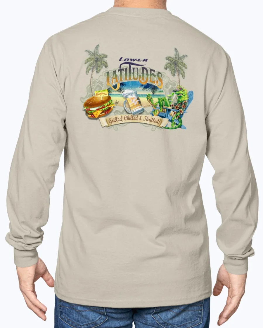 Long Sleeve Lower Latitudes Grill Chill Thrill Cheeseburger & Beer T-shirt