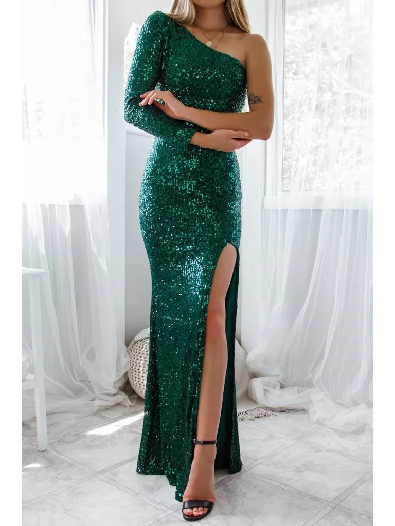 Megan sparkling one sleeved evening dress in Emerald s6-8 Express NZ wide