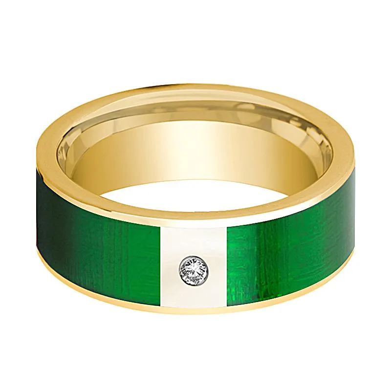 Men's 14k Yellow Gold Wedding Band with Textured Green Inlay and Diamond in Center - 8MM