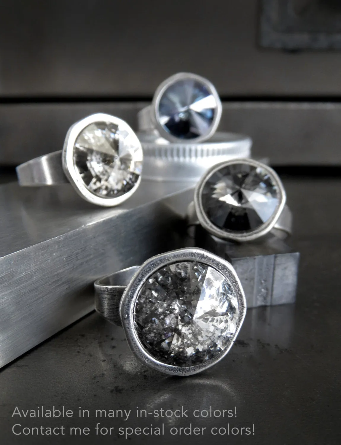 MERCURY MOON - Silver Patina Crystal Rivoli Ring
