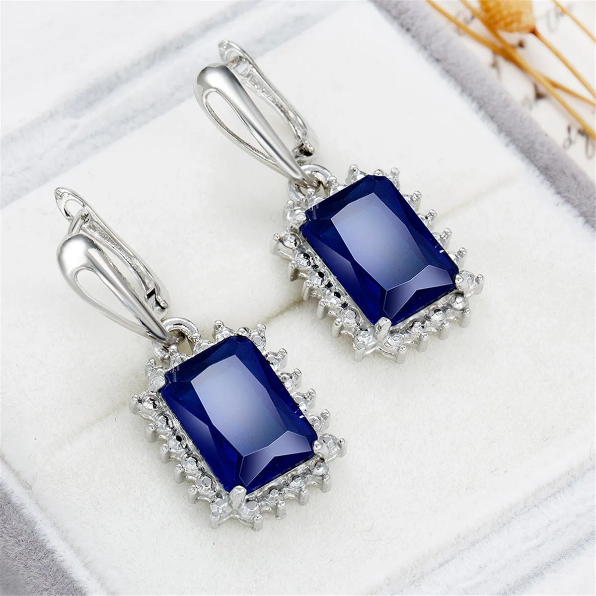 Navy Crystal & Silver-Plated Radiant-Cut Halo Drop Earrings