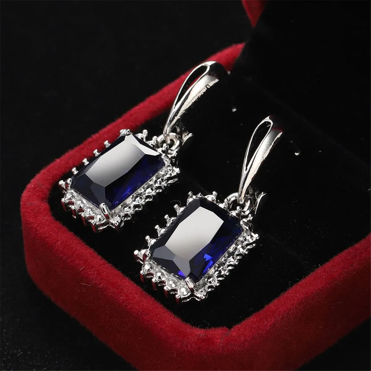Navy Crystal & Silver-Plated Radiant-Cut Halo Drop Earrings