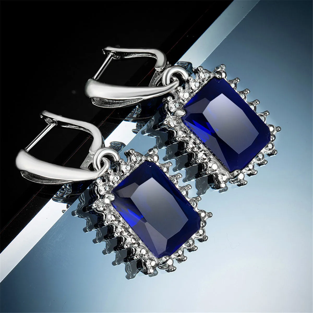 Navy Crystal & Silver-Plated Radiant-Cut Halo Drop Earrings