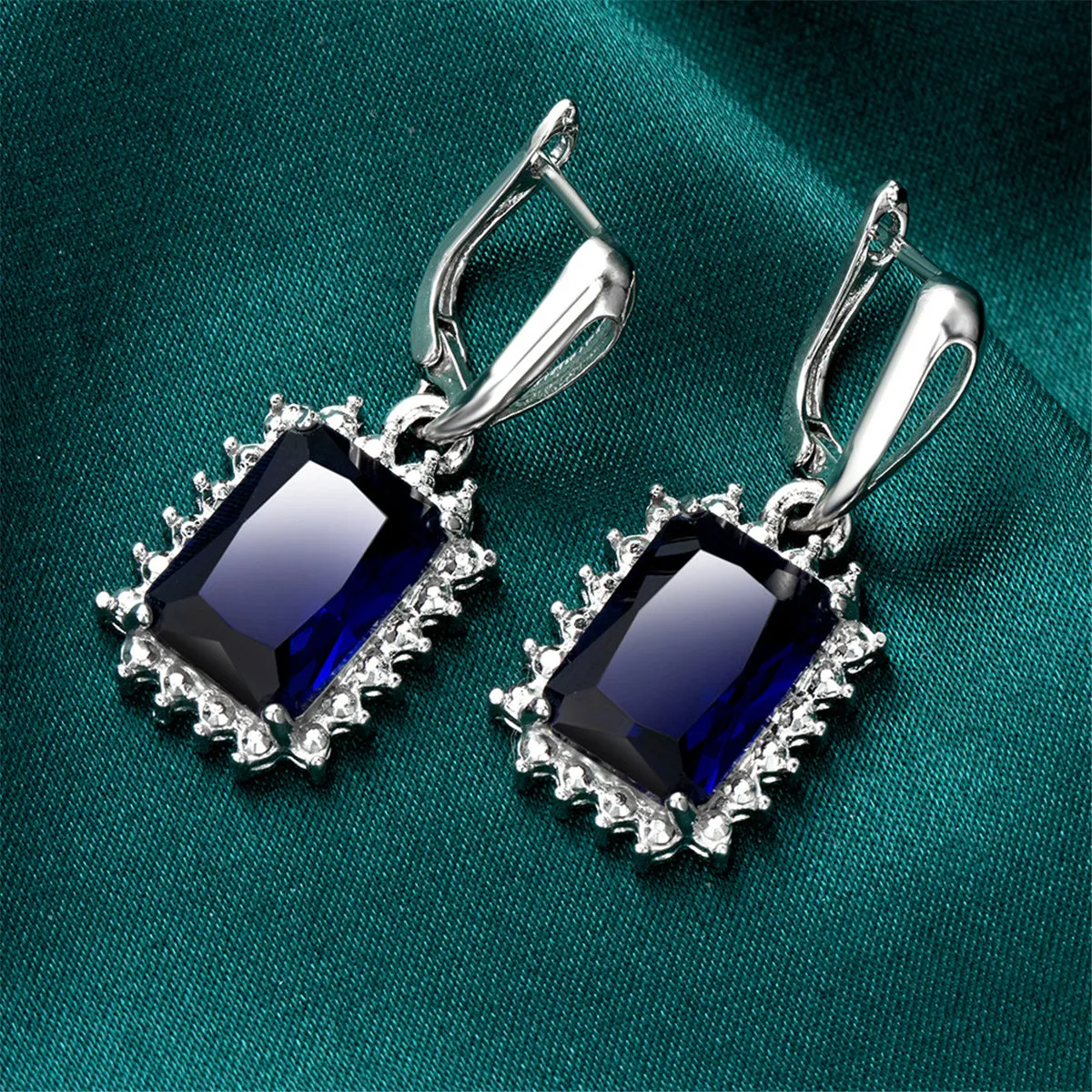 Navy Crystal & Silver-Plated Radiant-Cut Halo Drop Earrings