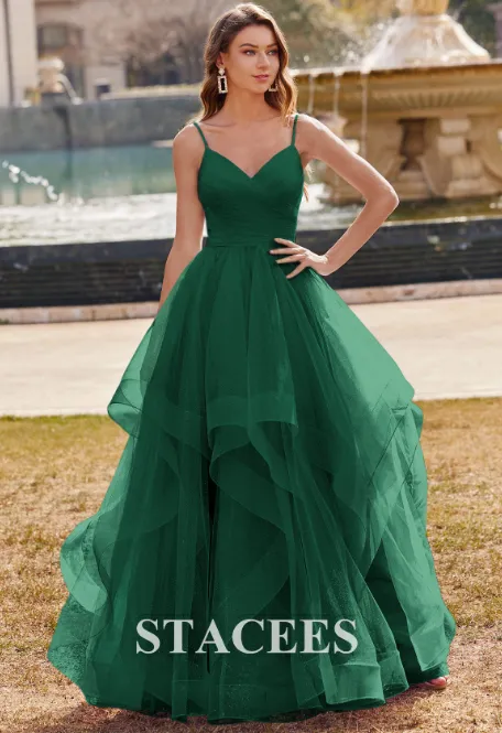 NEW A-line Princess Tulle Prom Dress V Neck Floor-Length with Ruffles Glitter, Dark Green, Corset style tie back, Sz S, Fits up to Sz 6, Retails $238