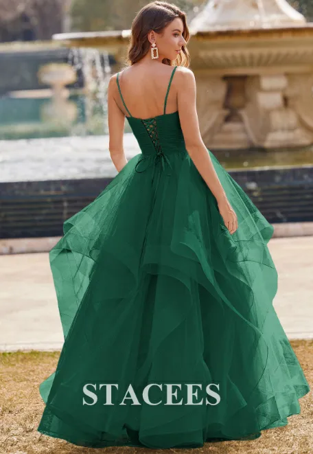 NEW A-line Princess Tulle Prom Dress V Neck Floor-Length with Ruffles Glitter, Dark Green, Corset style tie back, Sz S, Fits up to Sz 6, Retails $238