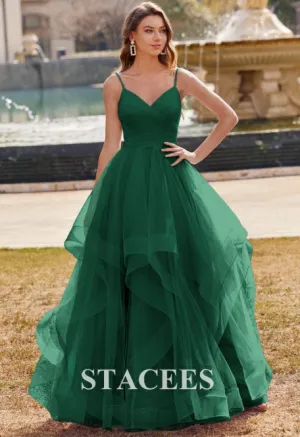 NEW A-line Princess Tulle Prom Dress V Neck Floor-Length with Ruffles Glitter, Dark Green, Corset style tie back, Sz S, Fits up to Sz 6, Retails $238