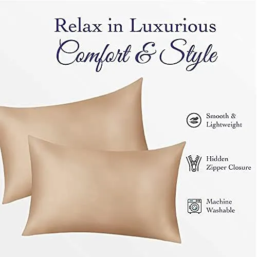 NEW JINAMART Silk Satin Pillow Cases for Hair and Skin - Ultra Soft Body Pillowcases with Hidden Zipper - Hypoallergenic Satin Pillow Cases (Light Coffee, QUEEN 2-Pack)