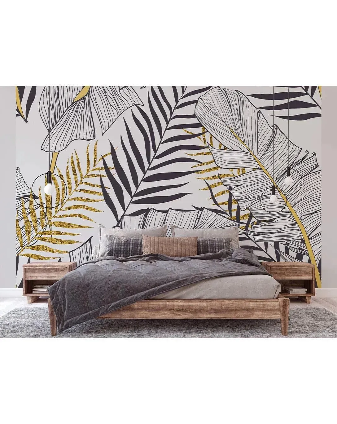 Oversized Black Gold Exotic Palm Leaves Wall Mural