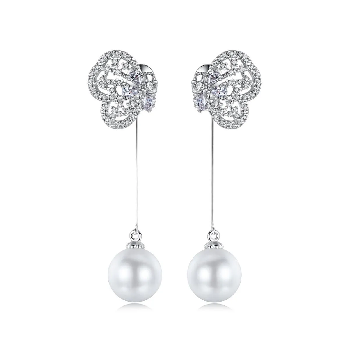 Pearl & Cubic Zirconia Silver-Plated Butterfly Drop Earrings