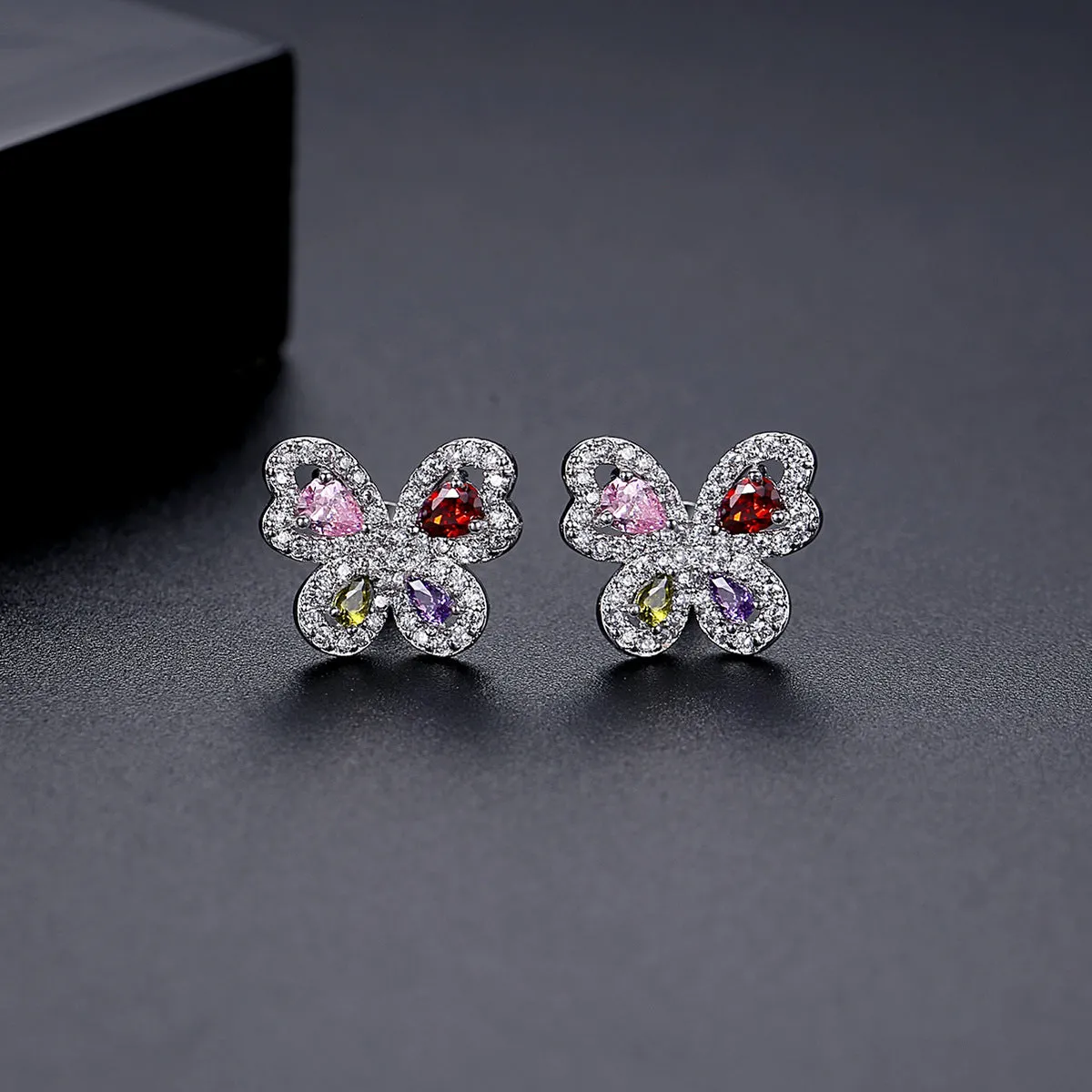 Pink Crystal & Clear Cubic Zirconia Butterfly Stud Earrings