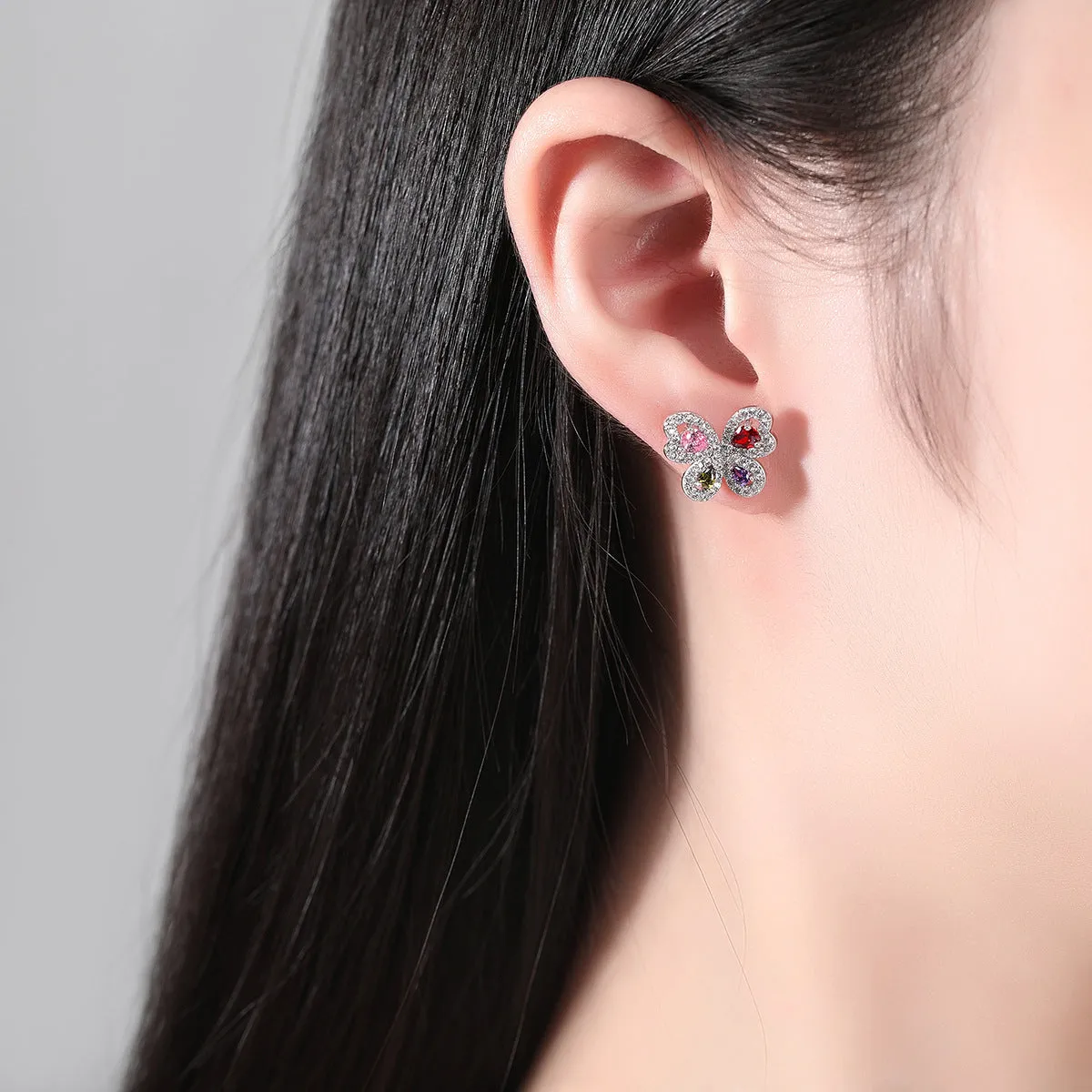 Pink Crystal & Clear Cubic Zirconia Butterfly Stud Earrings