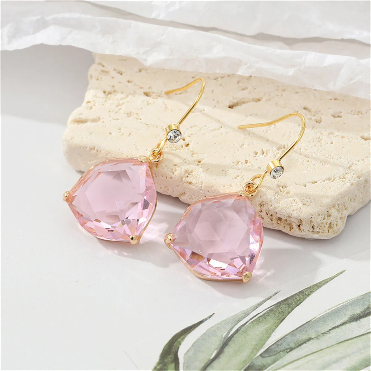 Pink Crystal & Cubic Zirconia Hexagon Drop Earrings