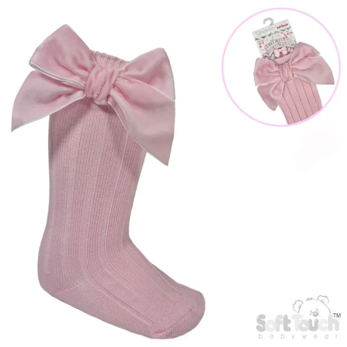 Pink Ribbed Knee Length Socks with Velvet Bow