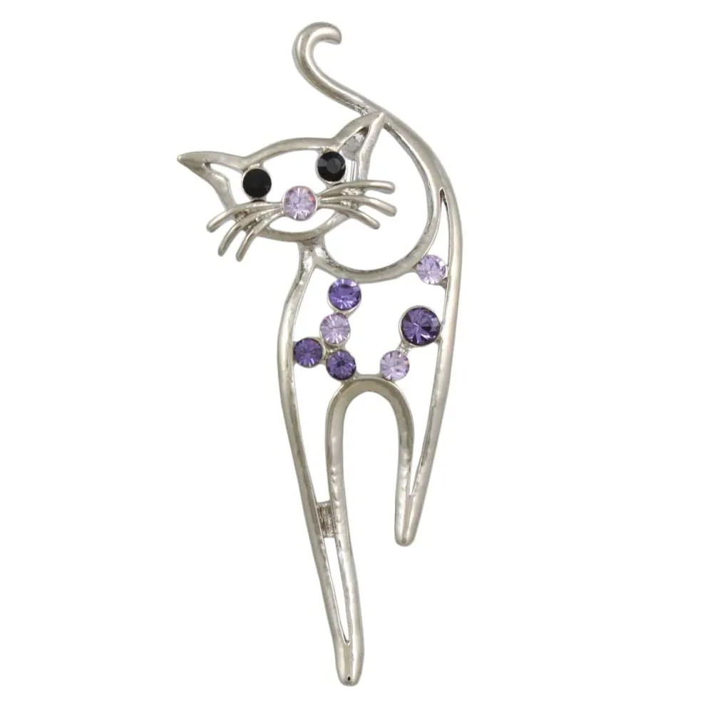 Purple Crystal Long Legged Cat Brooch Pin - PRC021