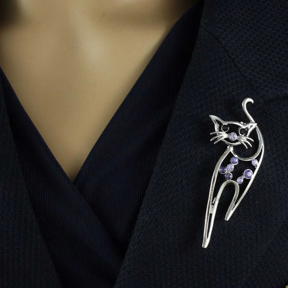 Purple Crystal Long Legged Cat Brooch Pin - PRC021