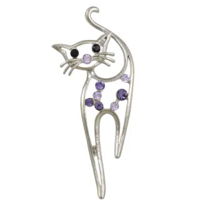 Purple Crystal Long Legged Cat Brooch Pin - PRC021