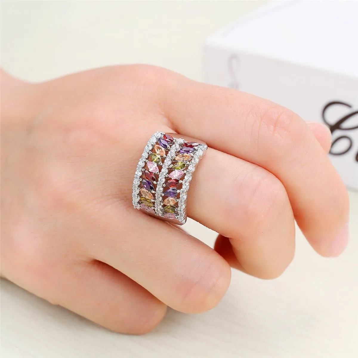Purple Cubic Zirconia & Silver-Plated Marquise-Cut Band