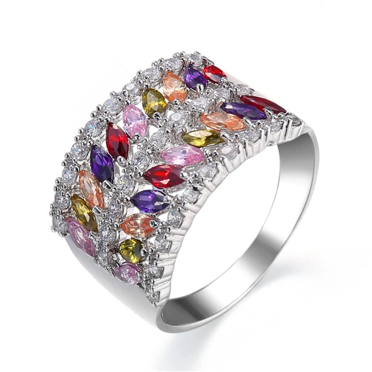 Purple Cubic Zirconia & Silver-Plated Marquise-Cut Band