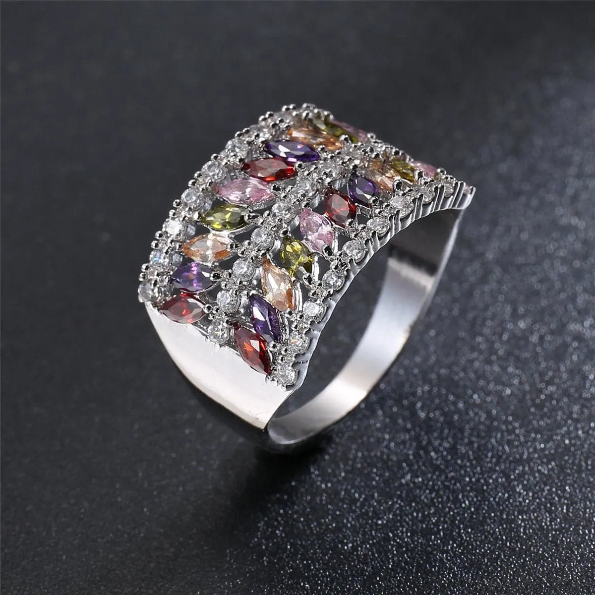 Purple Cubic Zirconia & Silver-Plated Marquise-Cut Band
