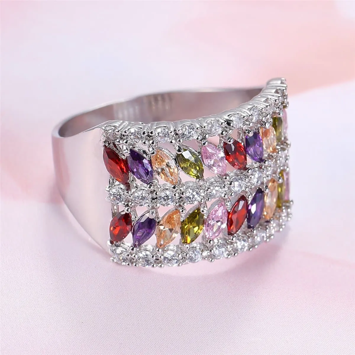 Purple Cubic Zirconia & Silver-Plated Marquise-Cut Band